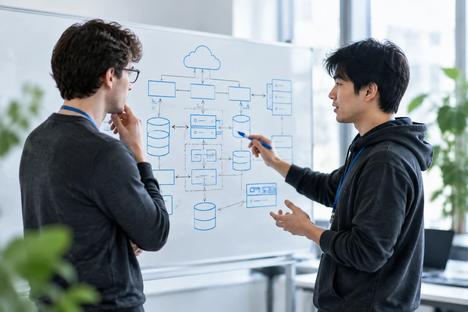 Two engineers discussing a system architecture sketch at a whiteboard