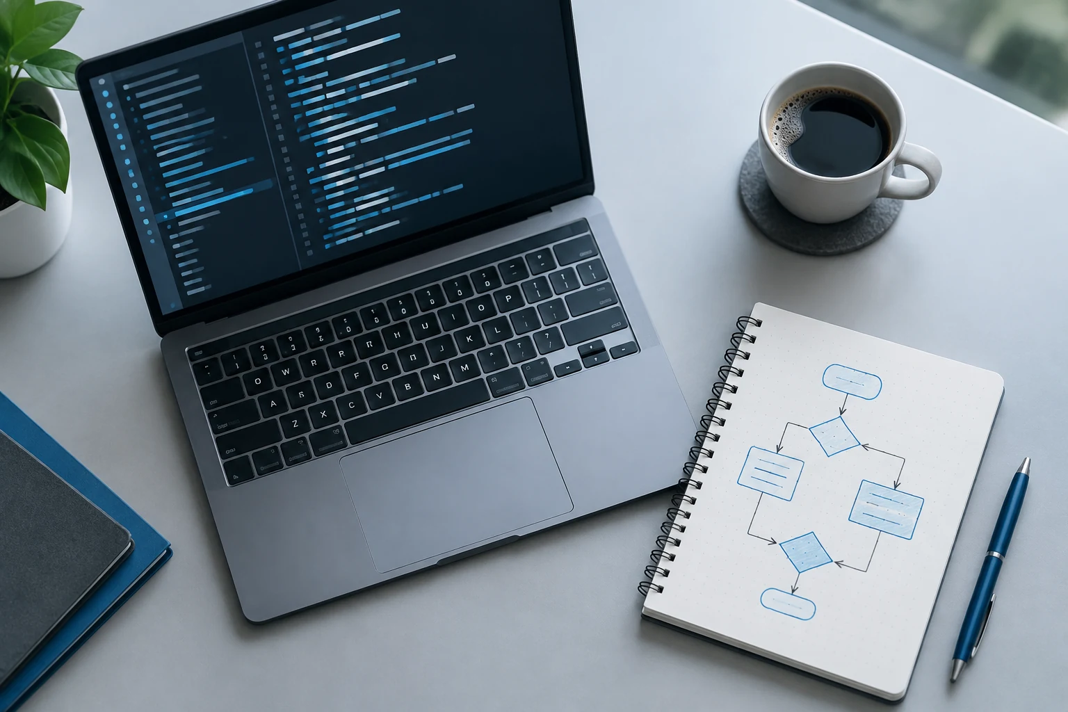 Desk with a laptop showing terminal output and a notebook with a flowchart
