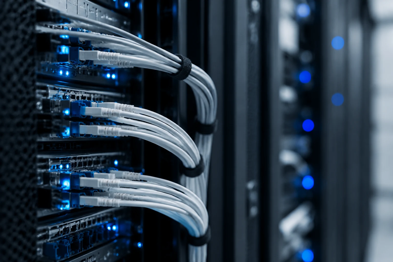 Close-up of server rack cabling with indicator lights