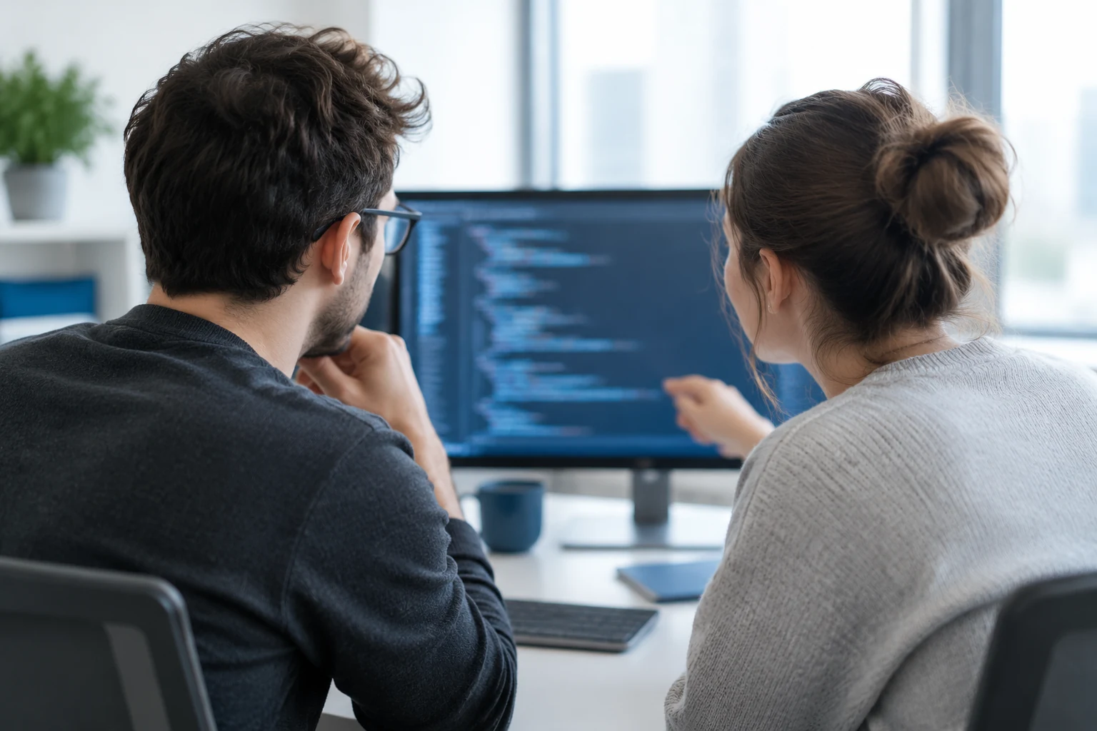 Two colleagues reviewing code together on one screen