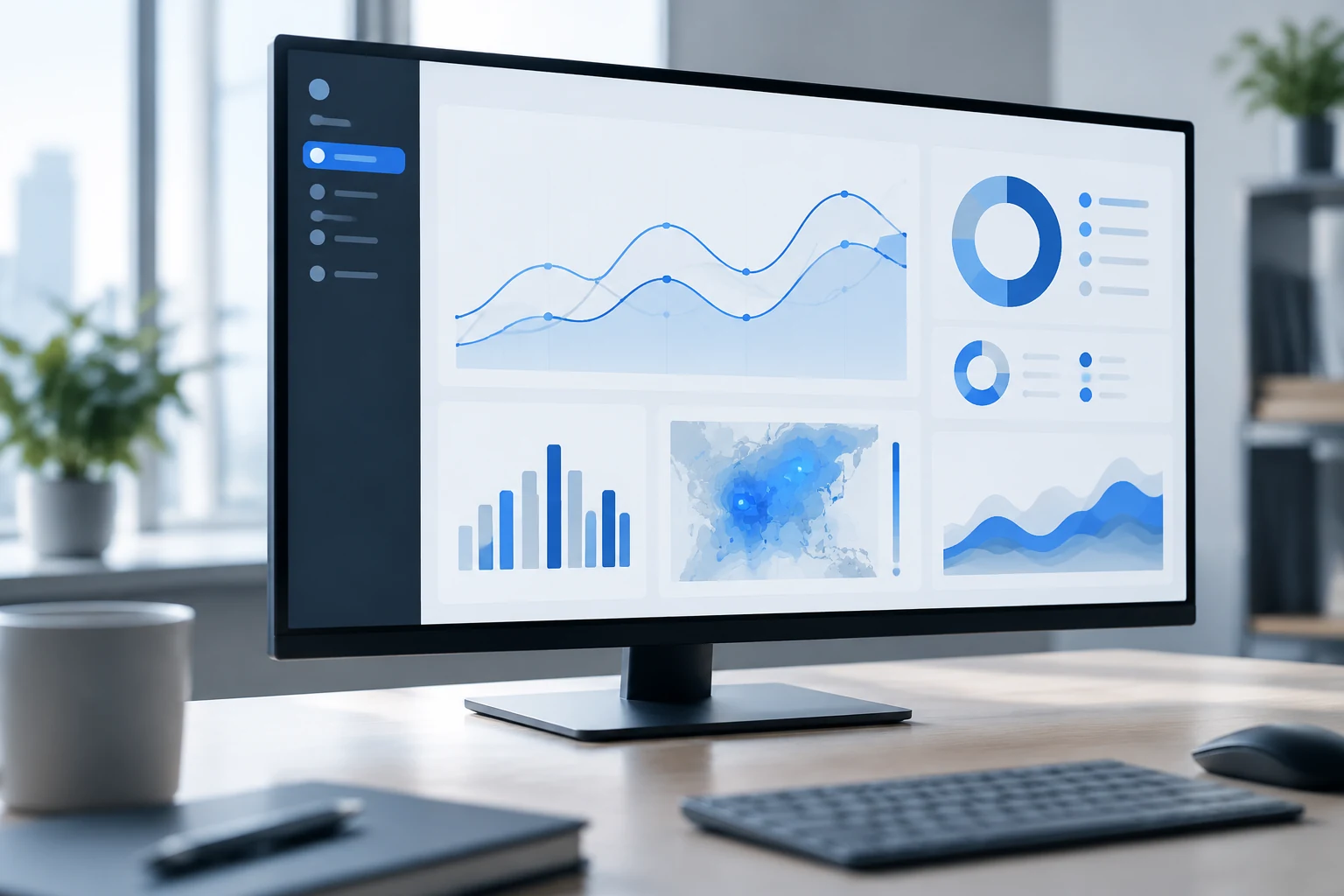 Widescreen monitor showing an analytics dashboard with line charts