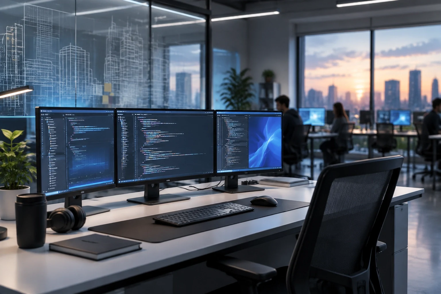 Engineers working at a multi-monitor desk in a software studio