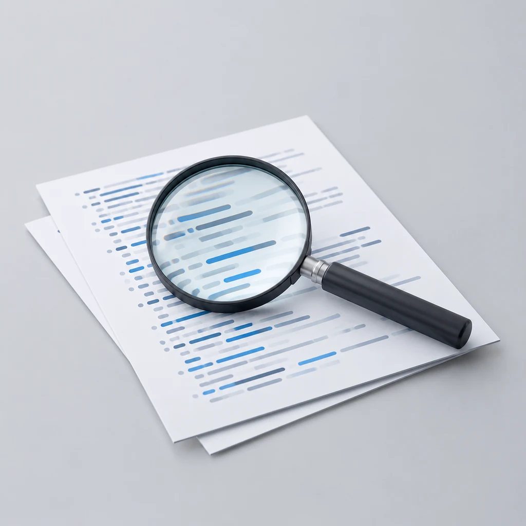 Magnifying glass over printed sheets of abstract code