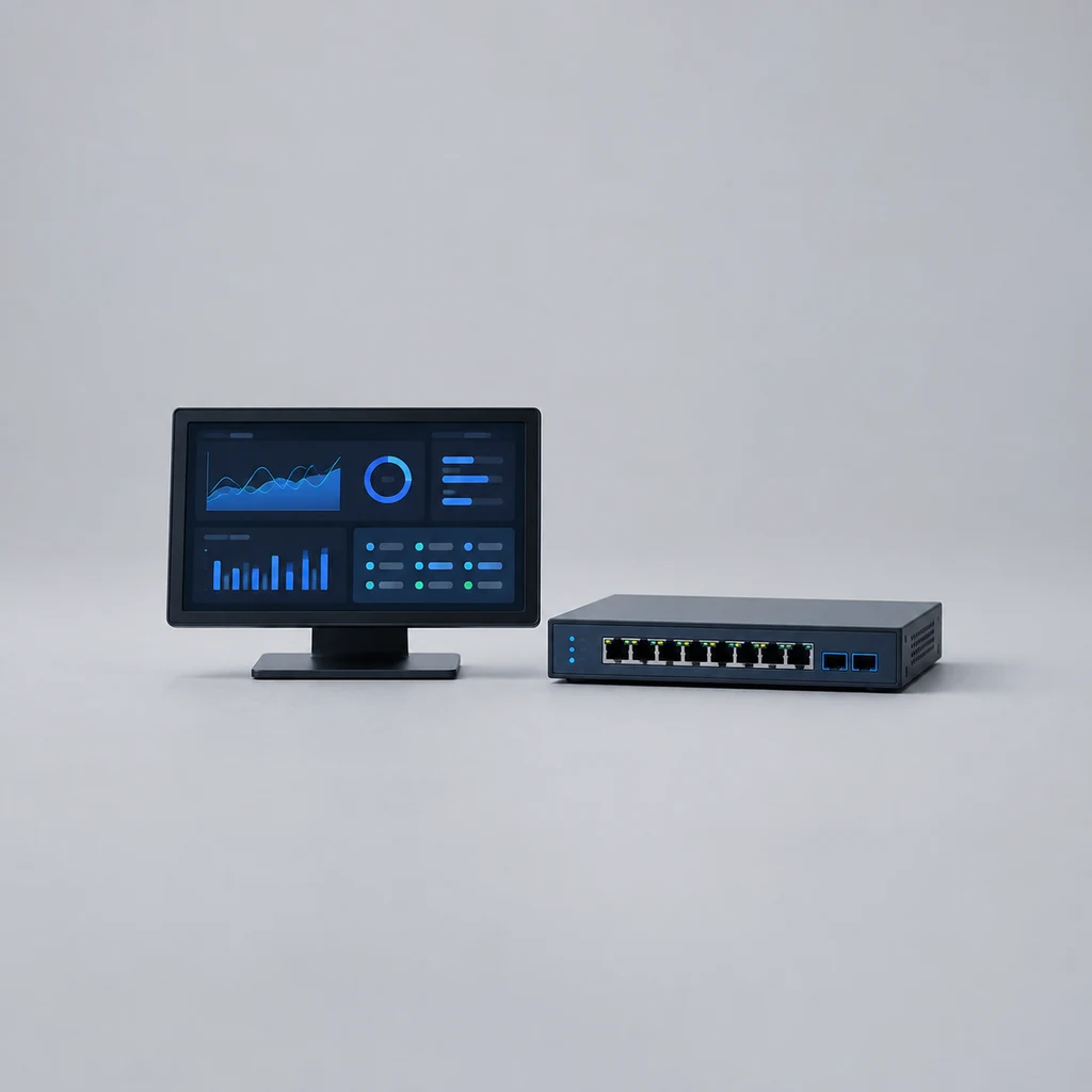 Small monitor with monitoring graphs beside a network switch