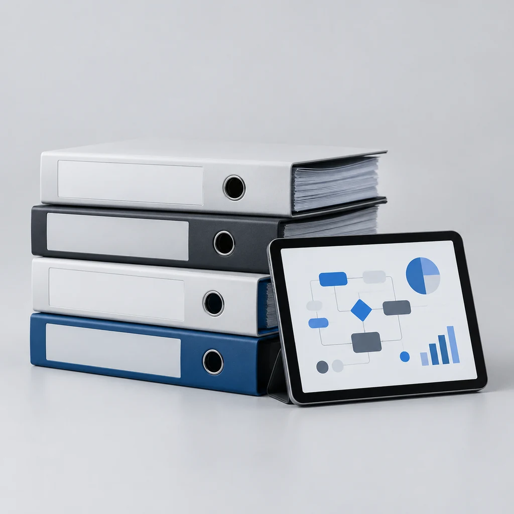 Technical binders beside a tablet showing diagram shapes