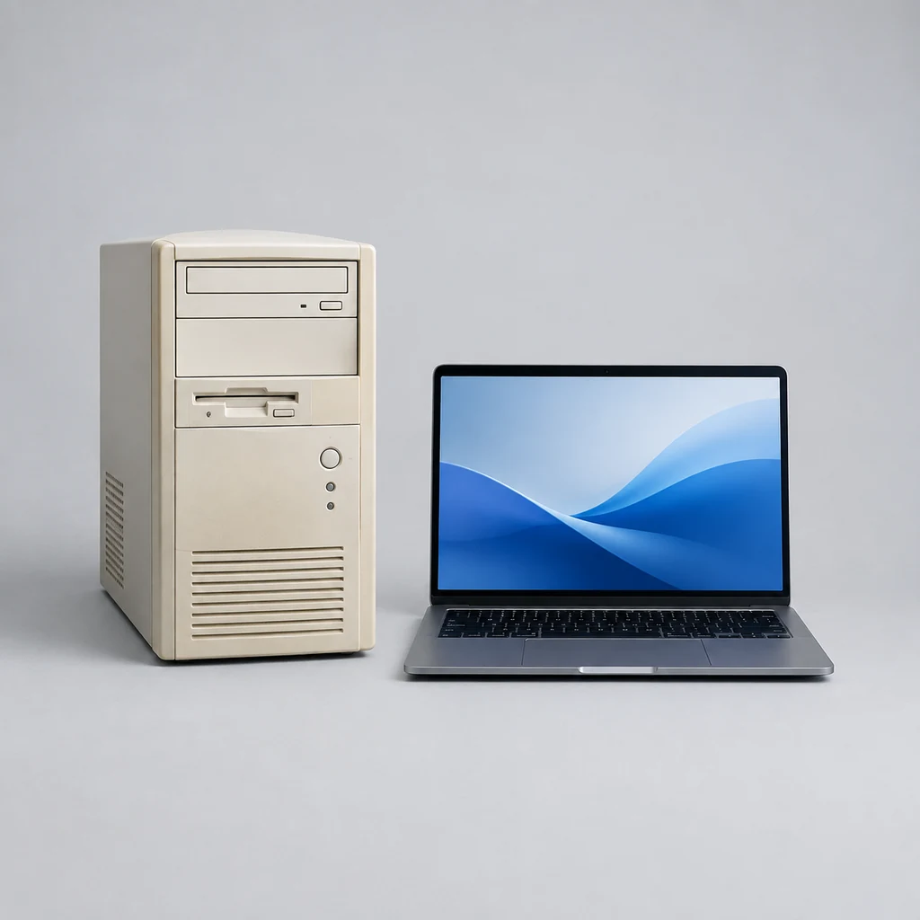 Old desktop tower beside a modern laptop