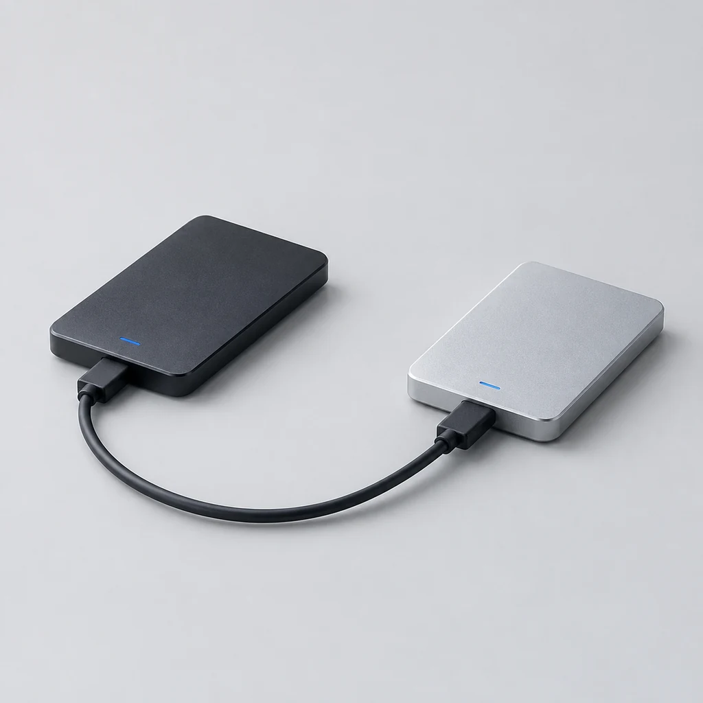 Two storage drives connected by a cable
