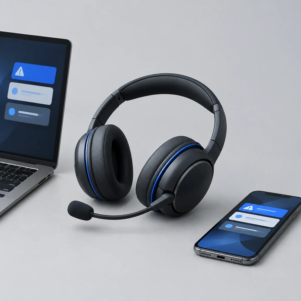 Headset and phone beside a laptop showing alert panels